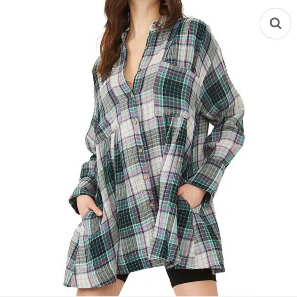 Free People The Voyage Shirt Dress Size XS Black Green Pink 100% Cotton Gauze